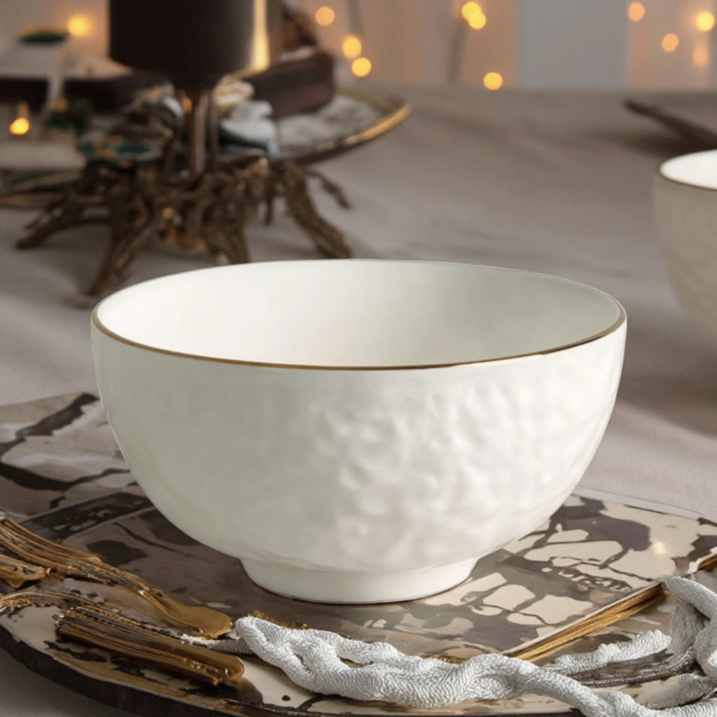 High Quality Modern Style Set of 4 White Relief Ceramic Bowls Eco-Friendly Gold Rim for Salad Soup Commercial Buyer Food Purpose factory