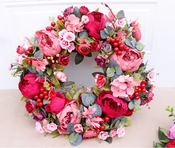 Decorative artificial door wreaths decorative flowers wreaths and plants silk red peony flower wreath for wedding home decor