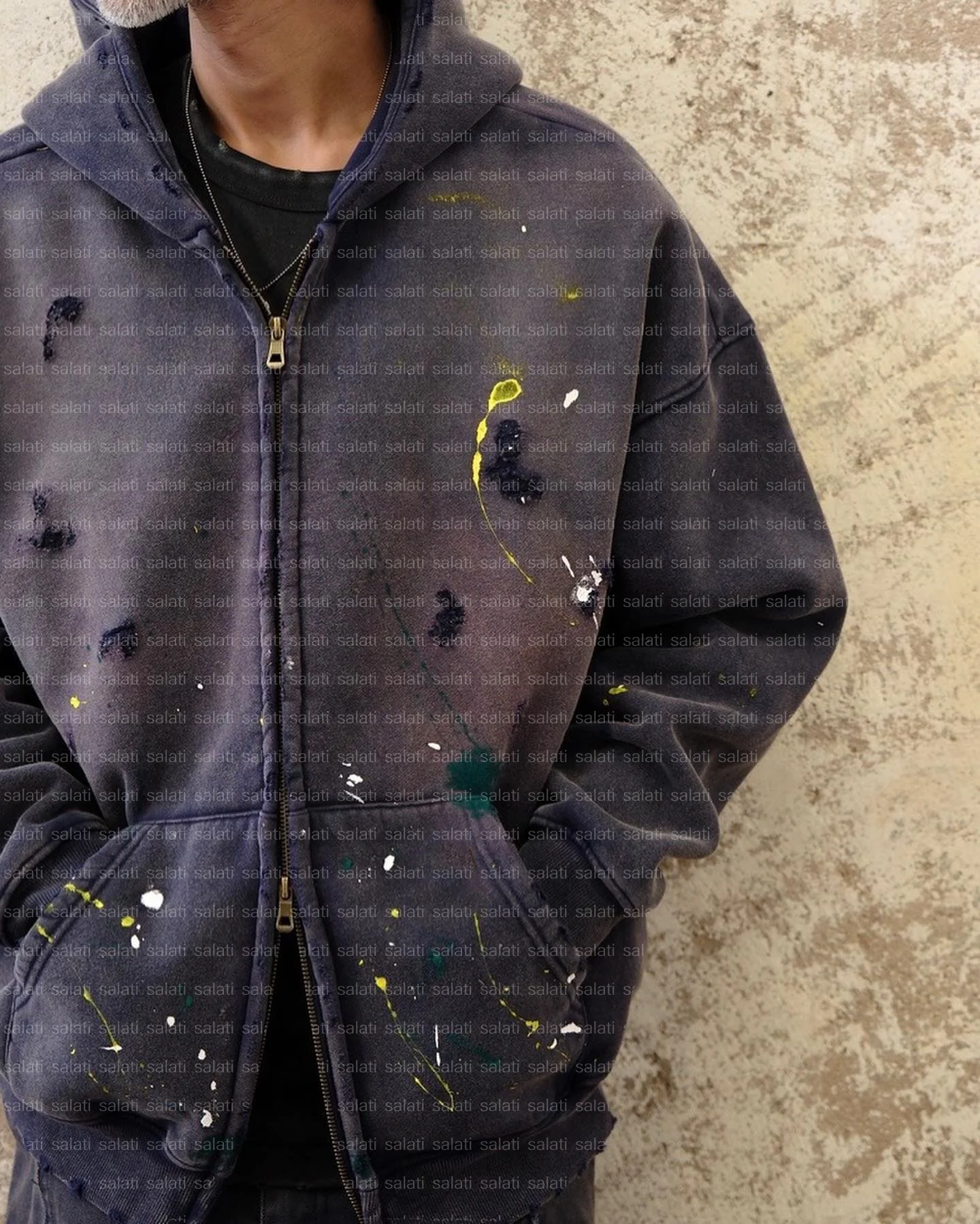 Custom Sun Faded Paint Spatter Cotton French Terry Thick Double Zip up Oversized Acid Wash Vintage Jacket Hommes Hoodies for Men gallery 3