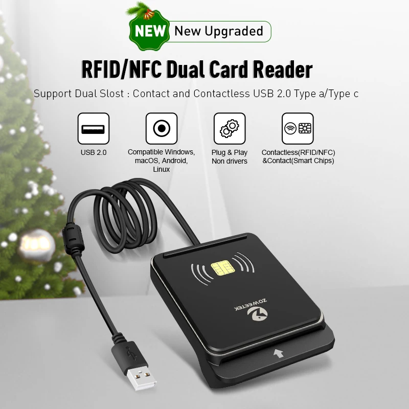 ZOWEETEK 2 in 1 USB Card Reader Contactless ISO 14443 RFID NFC Card Reader Writer and Contact ISO 7816 Chip Card Reader Writer