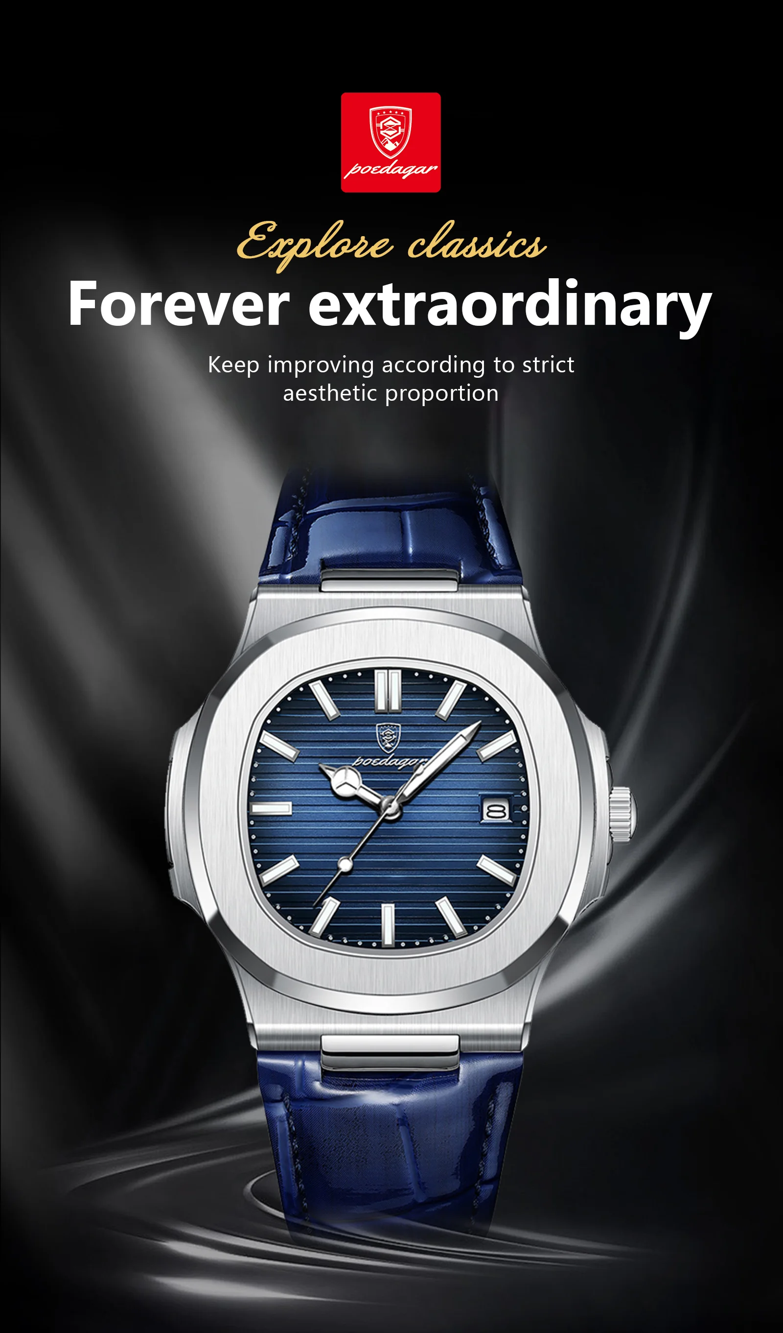 POEDAGAR 613 Brand Fashion Square Dial Watch for Men Luxury Casual Watch Stainless Steel Calendar Luminous Waterproof Male Clock