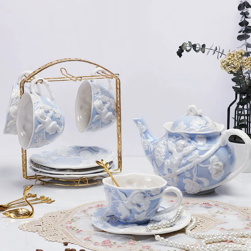 British 220ml Wholesale Angel Embossed Ceramic Coffee Cup With Saucer Vintage Britain Irregular Porcelain Coffee Mug Plate