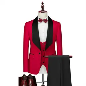 Men's 3-Piece Satin Shawl Lapel Blazer Suit Black Red Worsted Fabric Pleated Front Zipper Fly Breathable Single Breasted