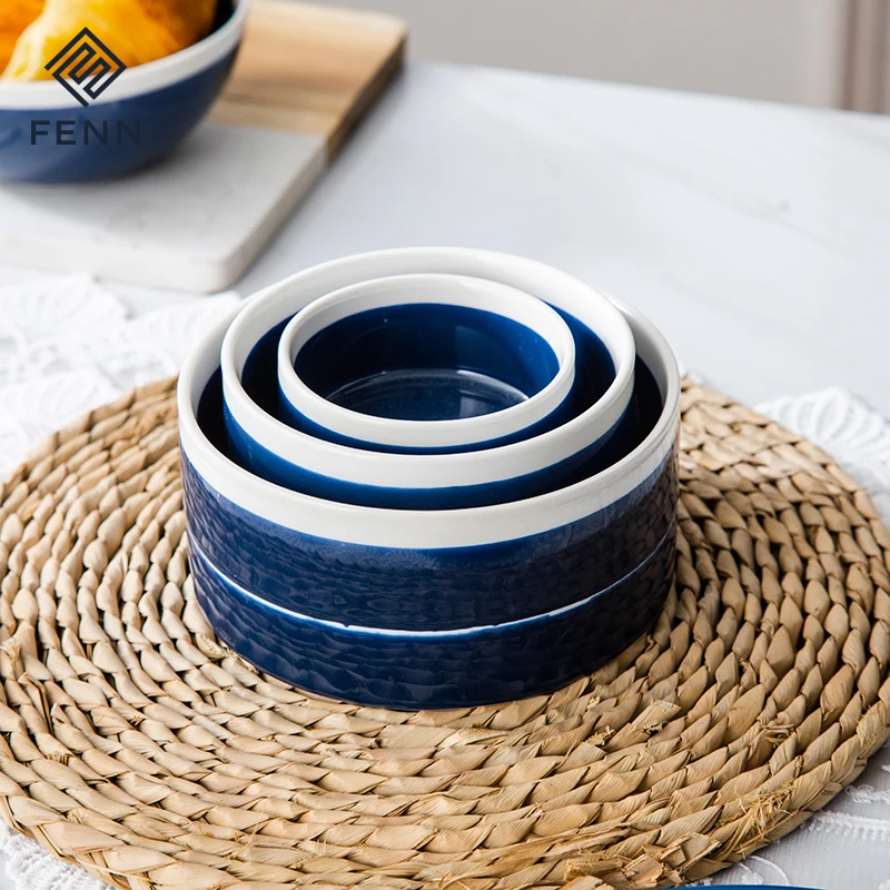 FENN nordic style round shape straight ceramic salad fruit soup bowl gloss blue porcelain bowls with hand-painted white rim