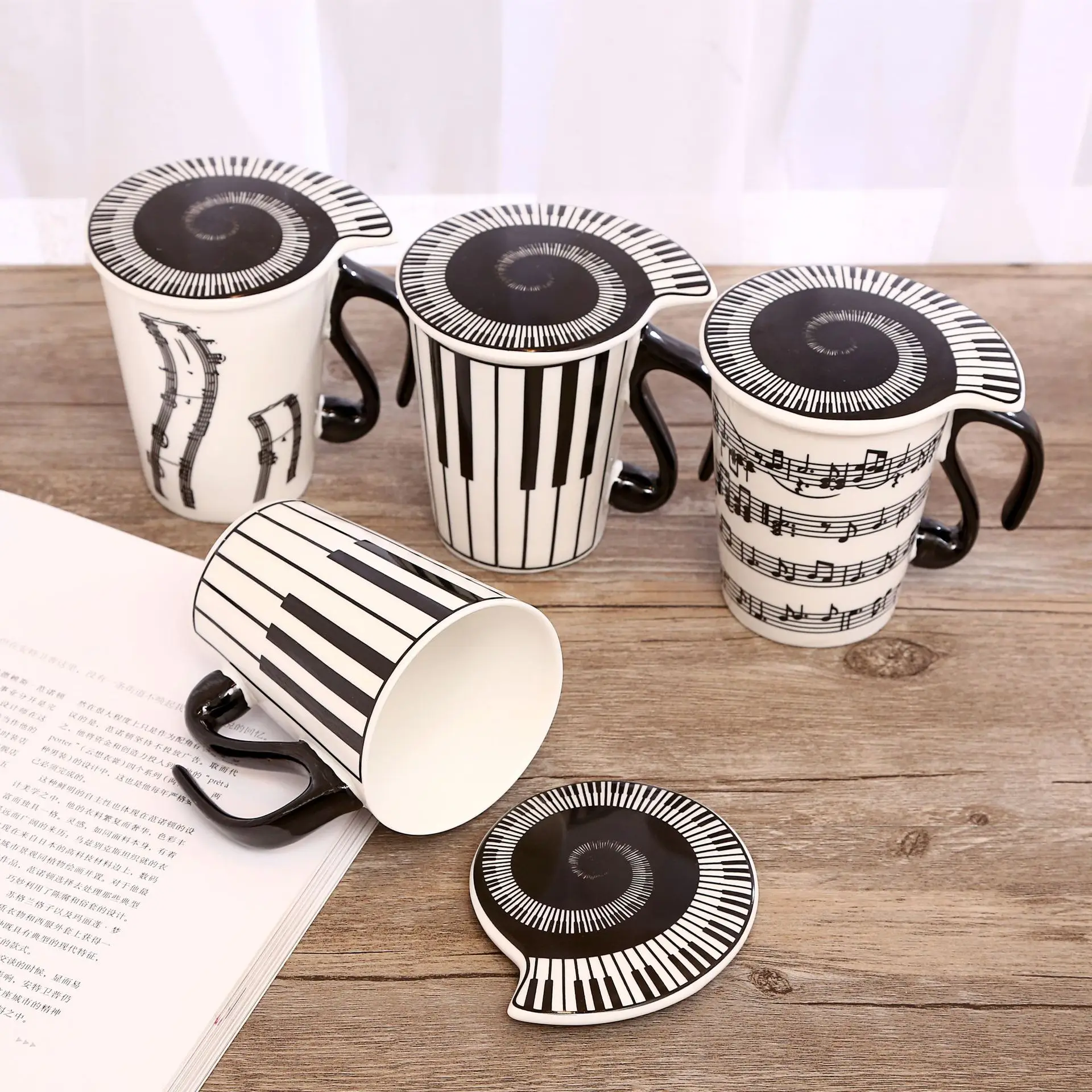 Creative Ceramic Music Notes Mark Water Lovers Keyboard Pair Cup Coffee Mug With Lid