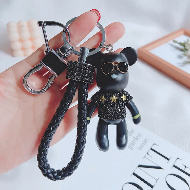 Glitter Leather Strap Bear Key Ring Personality Designer Teddy Bear Key  Chain Lovely Diamond Teddy Bear Keychain for Bag