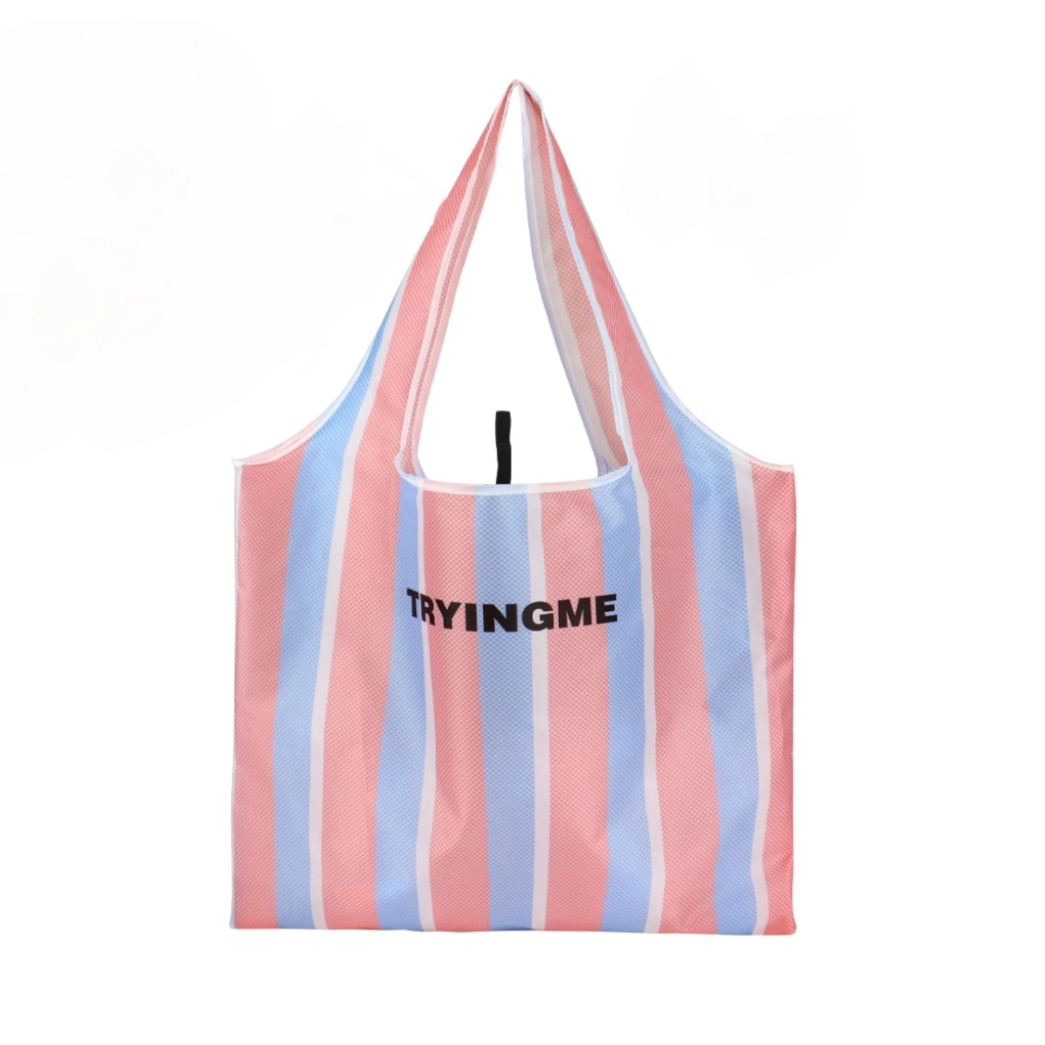 Customizable Expandable Folding Tote Bag Long Handle Ripstop Reusable Polyester Shopping Bag with Striped Pattern