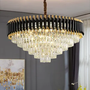 JACKSUN Modern Large K9 Crystal Chandelier Round Black Rustic Pendant Lamps Hanging Pendant Ceiling Light Hotel Living Room