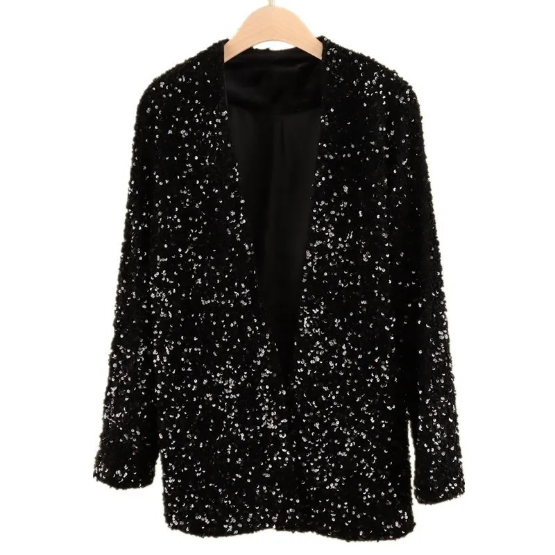 Ladies Casual Tops Performance Club Jacket Blazers Long Sleeve Women  Sequins Velvet Blazer