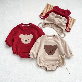 2025 Korean Style Autumn and Winter Cute INS Baby Romper Round Neck Cartoon Bear Warm Triangle Hooded Crawling Suit