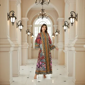 New Women's Dress Middle Eastern Ethnic Style V-Neck Long Sleeve Printed Robe Loose A-Line Jalabiya Women's Clothing