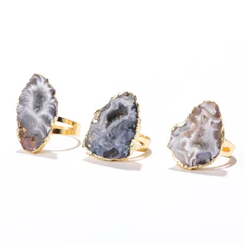 Wholesale Irregularity Characteristic Agate Crystal Rings Natural Gemstone Rough Stone Ring Agate Slice Druzy Ring