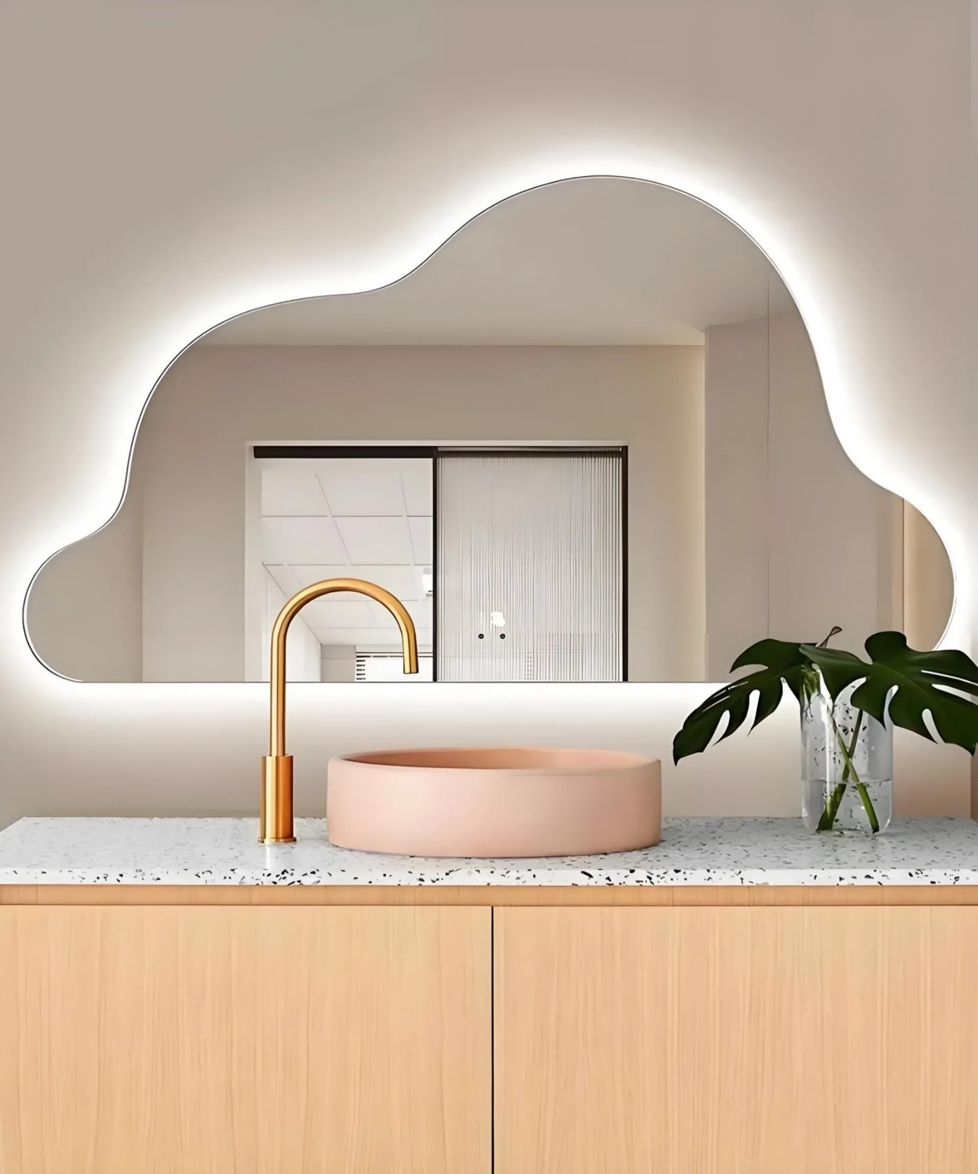 Bathroom mirror with USB and speaker components detail