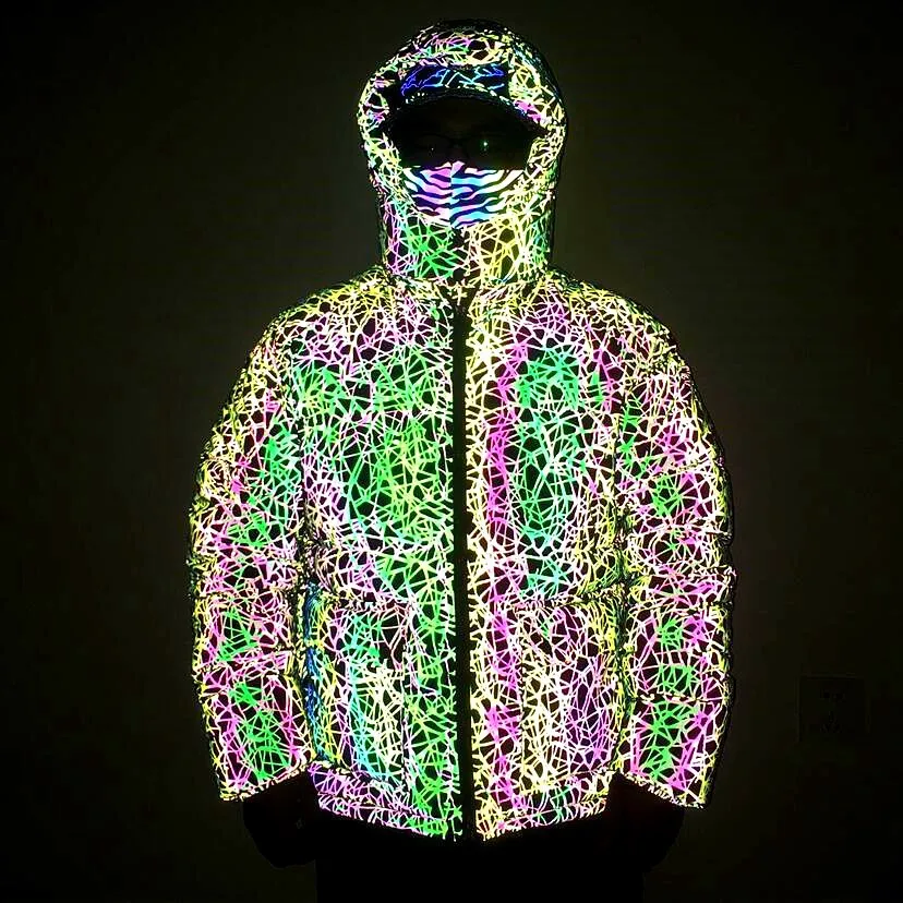 Yufan New Design Unisex 3d Pocket Outdoor Dazzling Reflective Down Jacket Rainbow Luminous Hooded Winter Padded Jacket