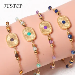 18K Stainless Steel Bracelet with Amethyst Natural Stone Trendy Fashion Design Charm and Gold Ball Link Chain Unisex Bijoux