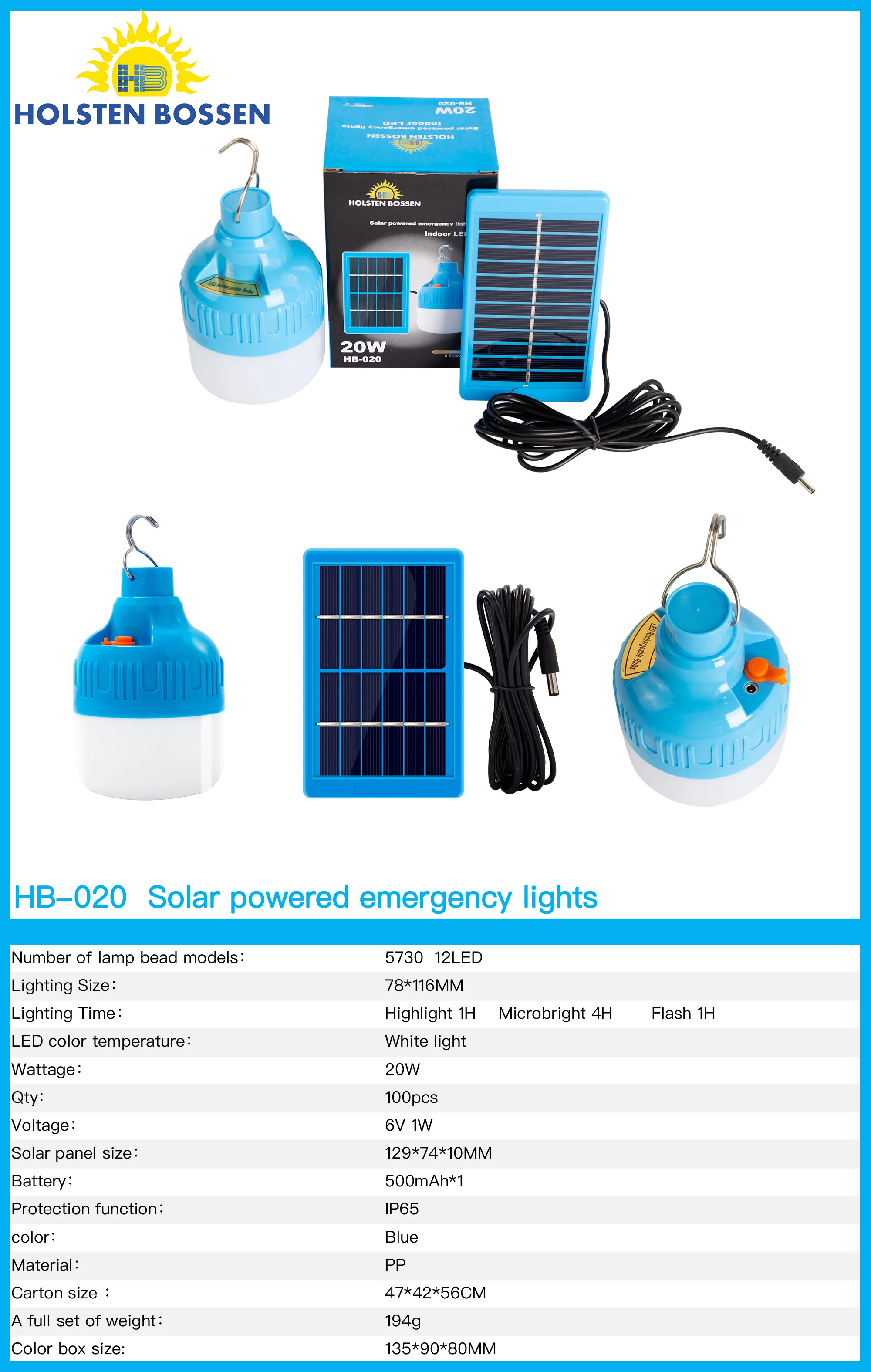 Hb020 20w Solar Camping Light Usb Charging Recharge Bulb Solar Tent