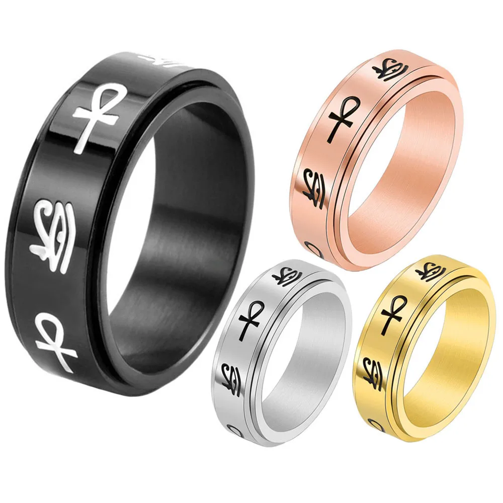 Ankh Cross Spinner Rings Stainless Steel Fidget Ring Egypt Eye of Horus Anxiety Ring for Men Women 8mm Ankh Rotating Stress Gift