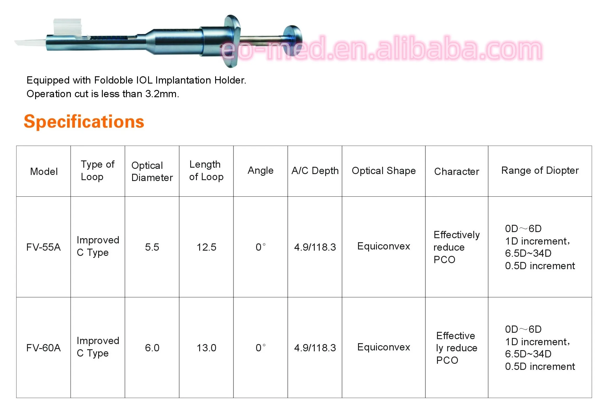 FV-55A/60A IOL Delivery System Foldoble IOL Implantation Holder Ophthalmic Surgical Instruments Holderents Injector for IOL
