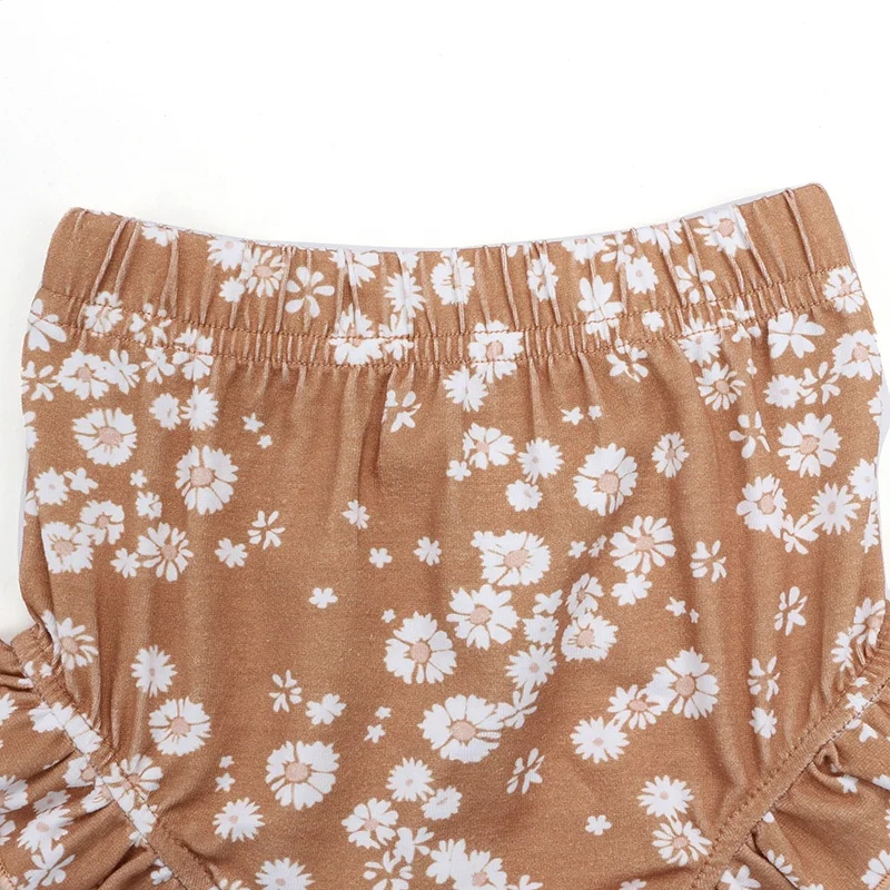 Оптовая продажа бутик детской одежды коричневые маленькие эластичные шорты с хризантемой для девочек повседневные кружевные ноги детские шаровары