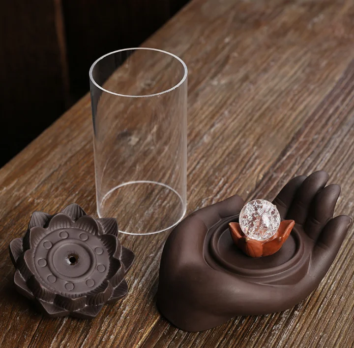 15.5*10.5*19cm Electric LED Ceramic Smoke Fountain Buddha Hand Monkey Plastic Design Backflow Waterfall Incense Holder Burner