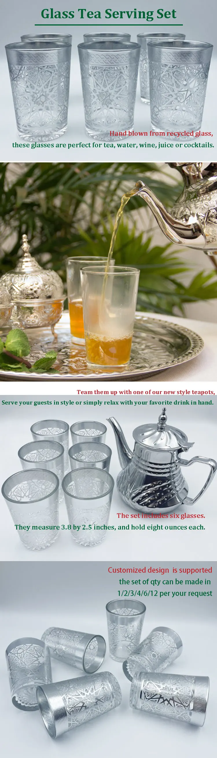 Moroccan Arabesque Tea Glasses, Moroccan Drinking Glasses – Pack of 6 – Unique and Stylish – Handmade Traditional Glass Set – for Tea, Coffee, Juice