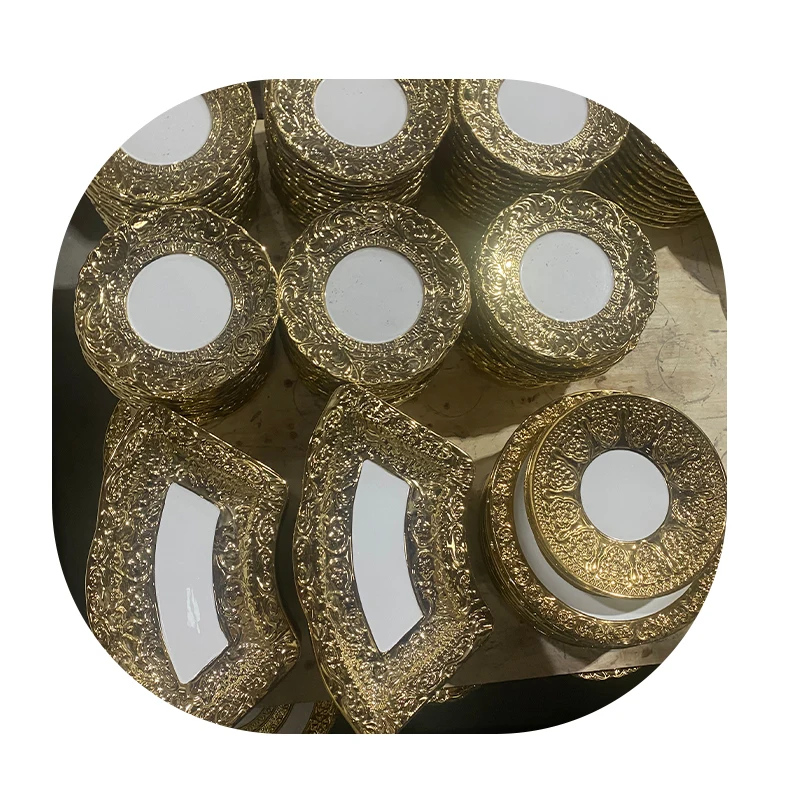 European Style Golden Pearl Embossed Ceramic Dinner Plate China Wholesale Dinner Plates Sets for Weddings Dinnerware for Home