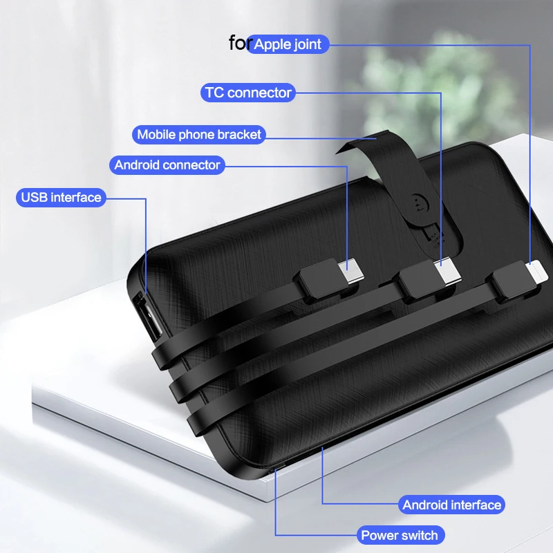 20000 mAh Portable Power Bank Fast Charger Powerbank Built in 3 Cables External Battery Charger For iPhone