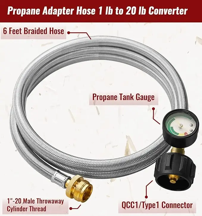 6 Feet Propane Adapter Hose With Gauge,1lb To 20lb Adapter Converts 1lb