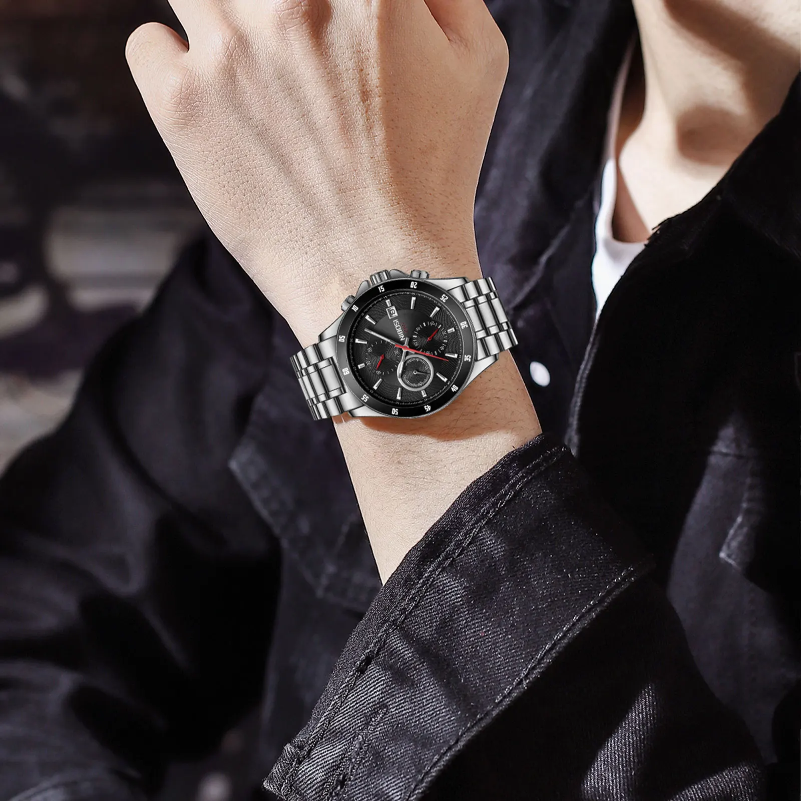 50pcs Custom Logo NIBOSI 2530 Custom Chronograph Jam Tangan Pria Stainless Calender Timer Casual Watches
