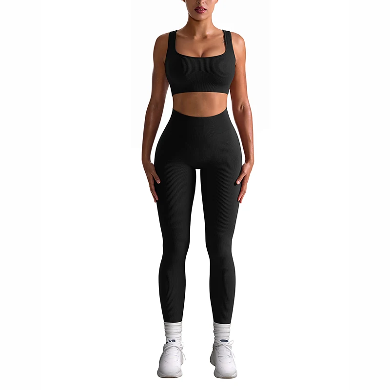 Custom Seamless Sports Bra Yoga Leggings 2 Piece Set Knitted Rib