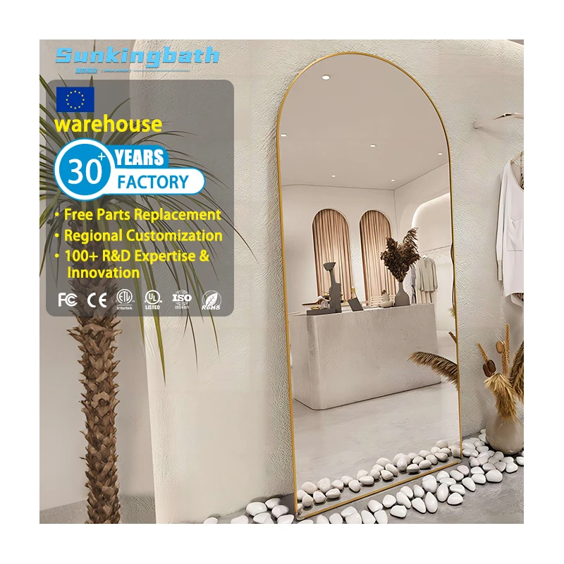 Floor Dressing Gold Metal Full-Length Large Arched Tall Large Floor Mirror with Standing Holder Leaning Long Mirror with Stand