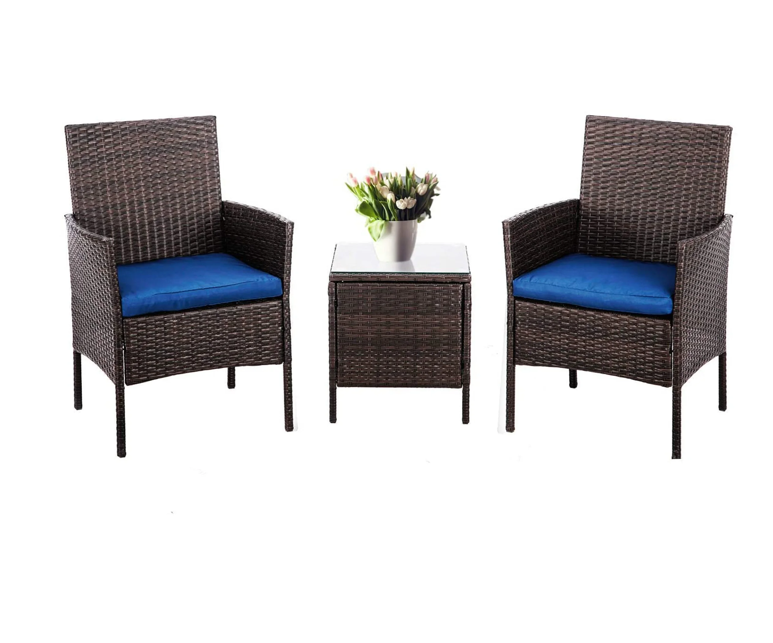 3 Piece Pe Brown Wicker Patio Chairs With Coffee Table Navy Blue Cushion Buy Pe Brown Wicker Patio Chairs