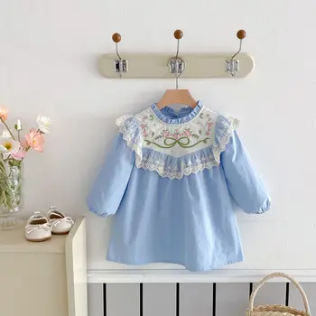 2025 Autumn New Girls' Pure Cotton Baby Dresses Lace Stand Collar Flower Embroidery Autumn Princess Children's Skirts