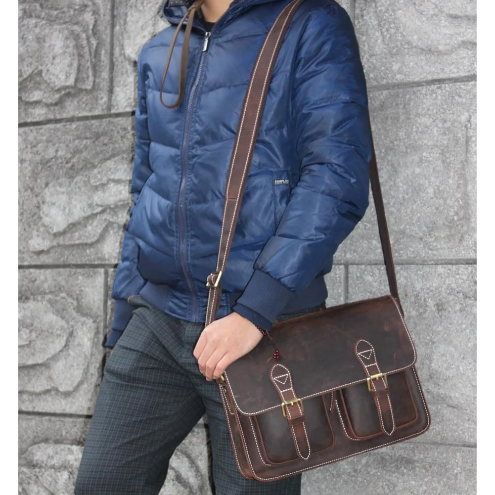 Tiding Top Grain Cowhide Laptop Messenger Bag Briefcase Office Bag Leather Vintage Leather Briefcase for Men