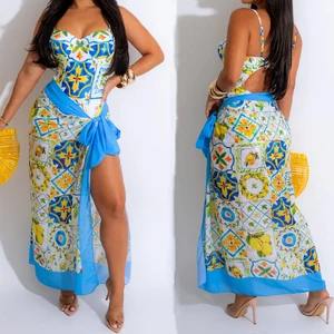 GX2381 Fashion Women Elegant Bodysuits Vendors Printed One Piece Swimsuit Sexy Swimwear and Cover Ups 2 Piece Set