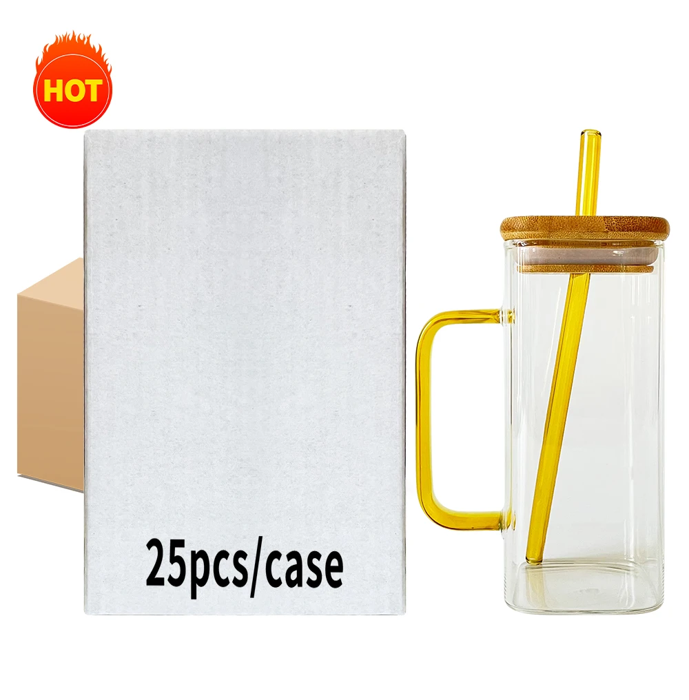 13.5oz Trendy Drinkware Crystal Clear Transparent Clear Square Glass Cup Mug  with Clored Handle - China Square Glass Mug and Square Glass Cup price