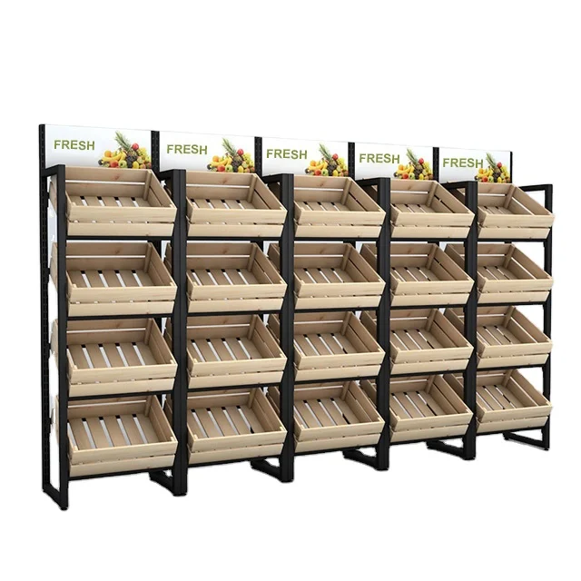 Modern factory price save space shopping market wood fruit vegetable storage display rack stand