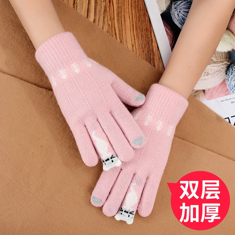 Vintage Christmas Deer Knitted Gloves Women Thicken Touch Screen Gloves Winter Warm Snow Full Finger Mittens Xmas Gift Women Fin
