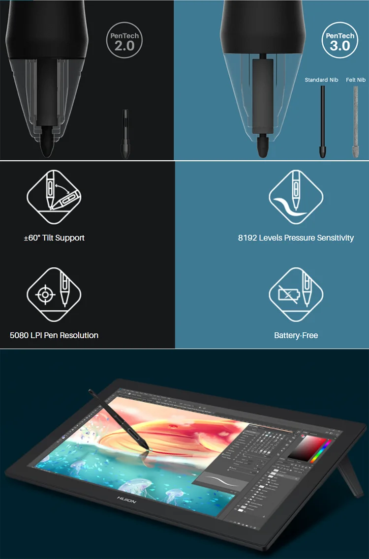 Huion Pro 24 (4K) 4K Resolution Anti-glare Etched Glass Full Lamination 24 Inches Large Size Creative 4K Pen Display