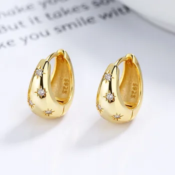 Wholesale Fashion Jewelry 925 Sterling Silver Earring Star Light Zircon Gold Plated Hoop Earrings