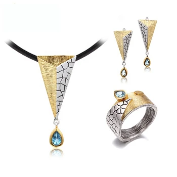 Retro Pyramid Design 925 Sterling Silver Topaza Jewelry Set with Yellow Gold Plated