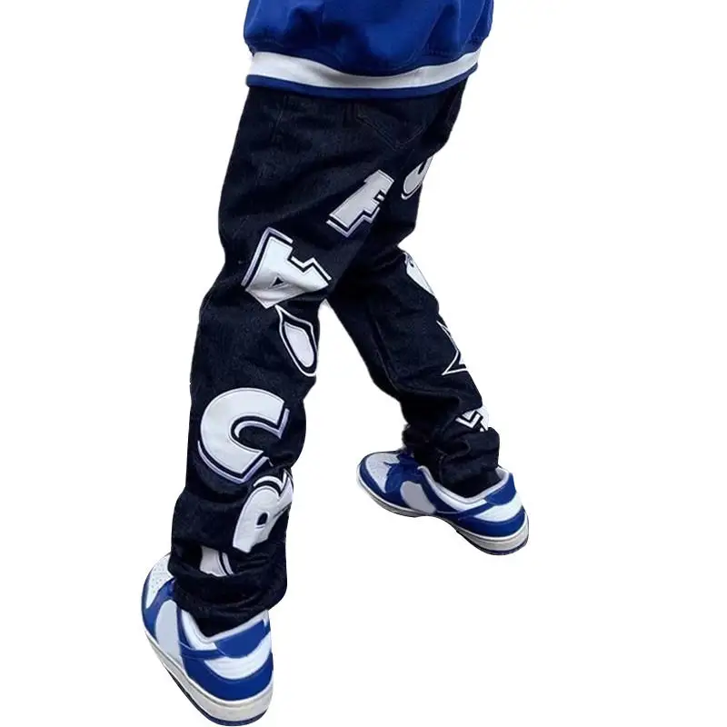 Custom Logo Print Embroidered Letter Pattern Street Personality Loose Large Men's Jeans