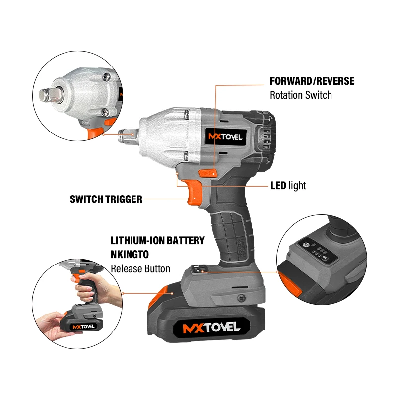 Multi-Function Cordless Brushless Impact Wrench Rechargeable LED Light Electric Torque Wrench with Industrial Power Source