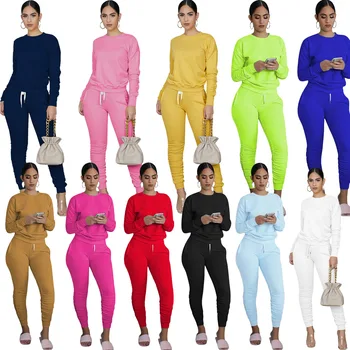 12 Colors New Fashion Autumn Women Casual 2 Piece Set Latest Female Pleated Sweatpants Suit
