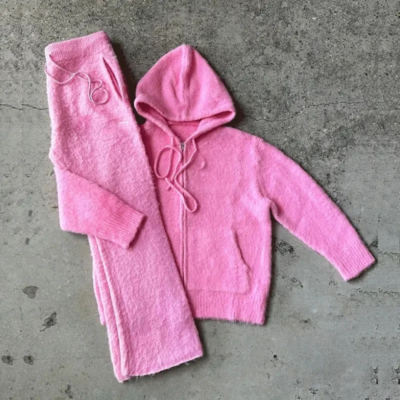 MeiYue 2024 Custom Graphic Print Logo Men Fuzzy Brushed  Zipper Mohair Hoodie Sweater and Pants Mohair Sweats Suit Jacket Set
