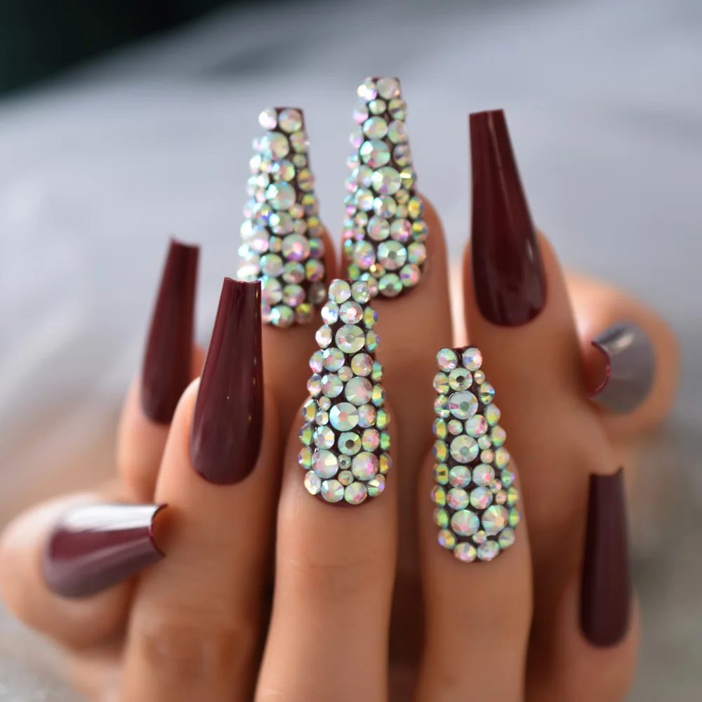 深红色美容美甲技巧strass表面按压指甲超长棺材形状假指甲