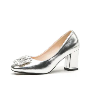 Chic Women's Silver Metallic Microfiber Square Toe Square Heel Pumps Rhinestone Buckle Height Increasing Solid Wedding Shoes