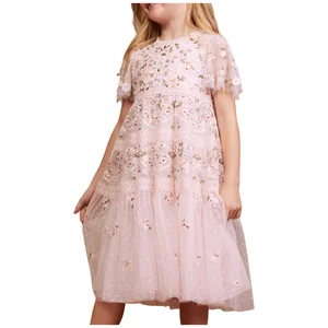 Pink Floral Mini Maxi Short Sleeve O-Neck Sequined Knee-Length A-Line Silhouette Eco-Friendly Children's Dresses Summer ODM