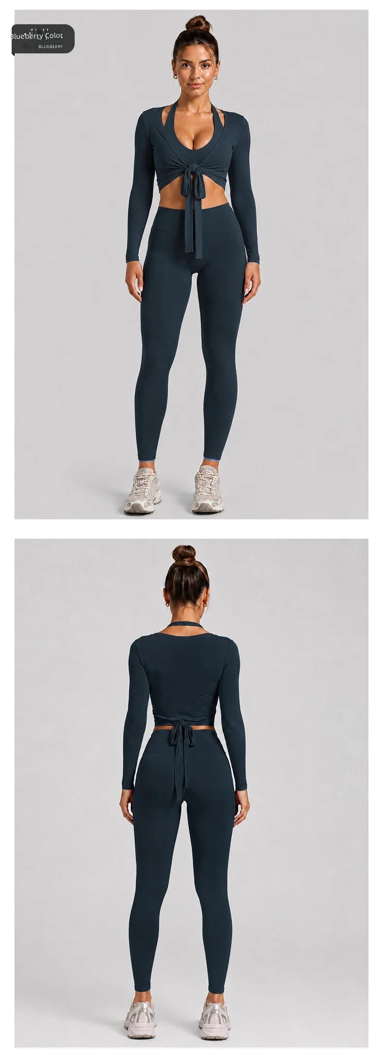 Quick Dry 3 Piece Yoga Set Halter Sports Tank Tie Front Long Sleeve Shrug High Waist Biker Shorts 4 Way Stretch — detail