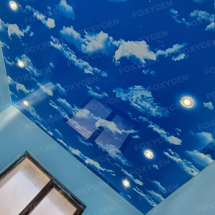 custom indoor ceiling foxygen pvc foil glossy film line patterns interior decoration false pop design sky glossy stretched ceiling-13